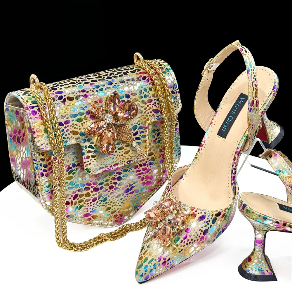 Doershow New Arrival African Wedding Shoes and Bag Set gold Color Italian Shoes with Matching Bags Nigerian lady party1-12