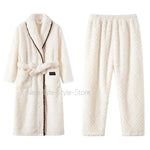 Men Women Jacquard Coral Fleece Bathrobe Autumn Winter Thick Warm Couple Sleepwear Soft Plush Loose Indoor Home Loungewear