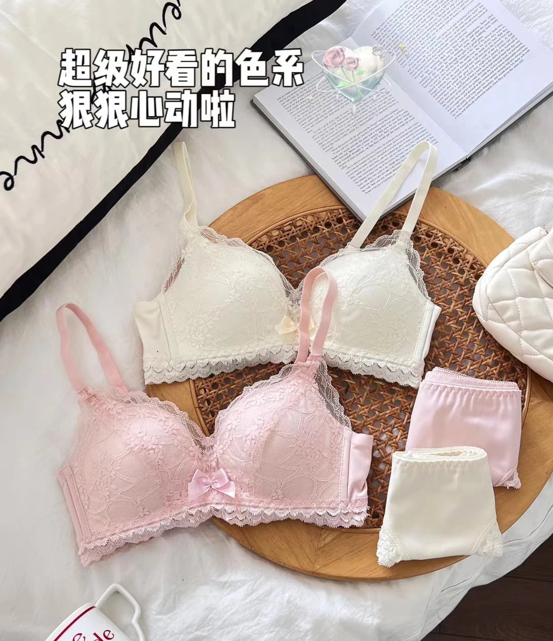 Japanese Anime Lace Bra Set Push Up Wireless Bralette Small Bust Seamless Sexy Triangle Cup Lingerie Set Spring Summer MOYISU