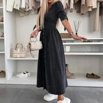 Women's Denim Long Dress Short Sleeve V-Neck Button Down Maxi Dress Casual Jean Dress for Spring Summer