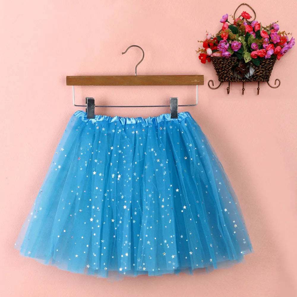 Womens Summer New Tulle Tutu Skirt Elastic Waist Silver Star Print Layered Mesh Mini Skirt Fluffy Carnival Party Dance Skirts