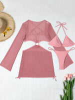 Mesh Sheer Long Sleeve Cover-Up Micro Bikini Female Swimsuit Women Swimwear Three-pieces Bikini Set Bathing Suit Swim Beach Wear