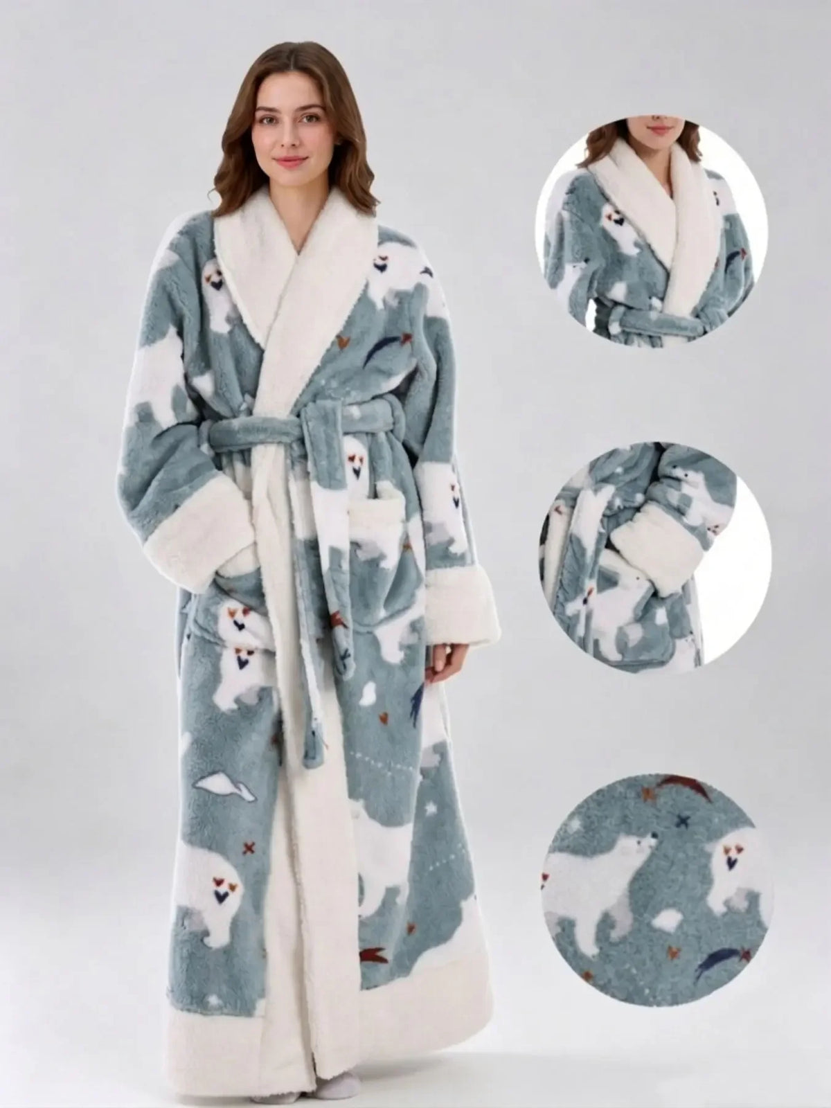 Warm Flannel Long Couples Robe Autumn Winter Color Block Lapel Funny Cartoon Print Bathrobe with Double Pockets Loungewear