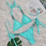 Sexy Rhinestone Bikini Set Women 2026 Luxury Pink Crystal Diamond Push Up Bandage Thong Swimsuit Beach Bathing Suit Swimwear