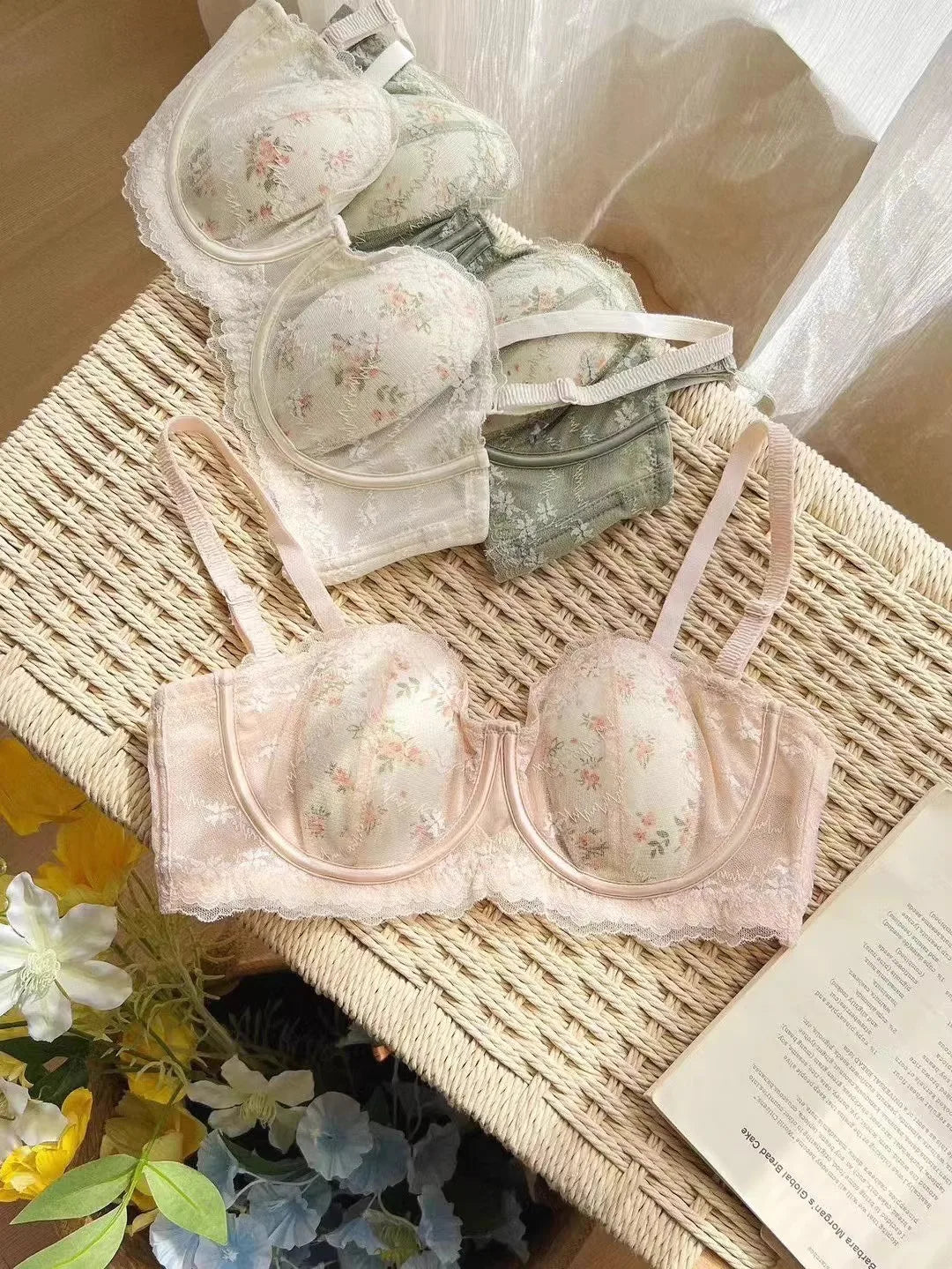 Elegant Minimiser Bralette Large Chest Rabbit Ear Lace Pure Comfort UK Fit Thin Support Non Padded Wirefree Bra Set S-XL AB 32