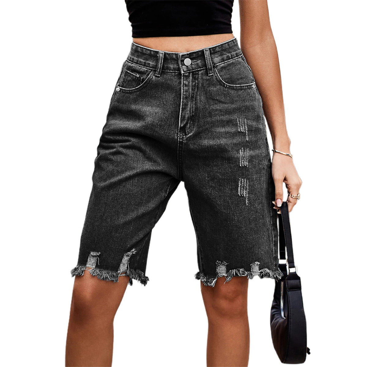 Women’s Ripped Bermuda Denim Shorts Solid Color Casual High Waist Raw Hem Knee Length Jean Shorts Streetwear