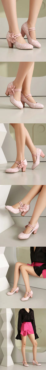 Plus Size 33-48 Sweet Polka Dot Mary Jane Heels Shoes Women Pink Blue Side Bow Tie Round Toe Chunky Block Heel Cute Lolita Pumps