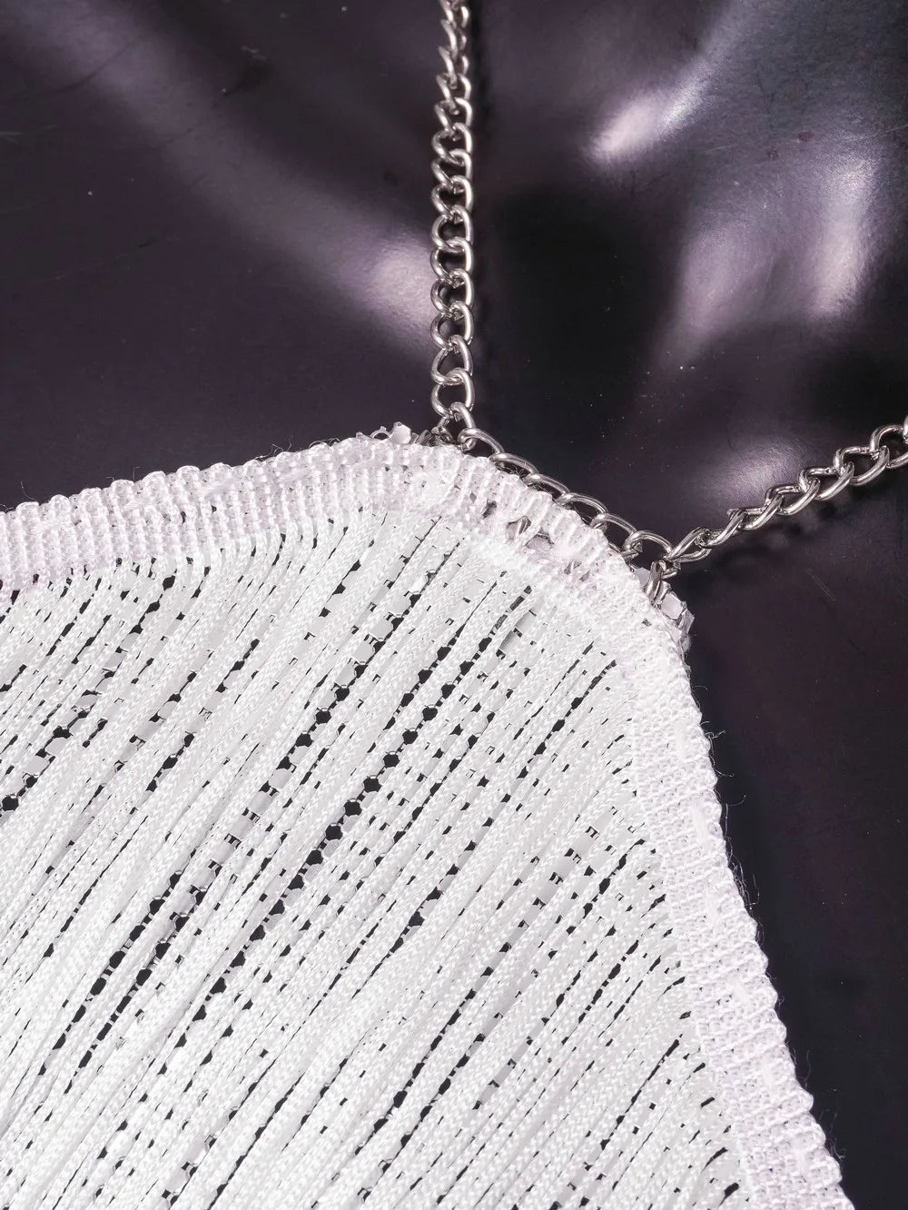 Women's Halter Neck Sleeveless Crop Top Tassel Rhinestone Chain Backless Party Clubwear White Sparkly Night Out Top