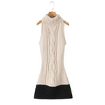 Women's Fashion Patchwork Knitted Dress Knit Sleeveless Dress Bodycon Fit With Contrast Black Hem Cozy Winter Mini Dress CR01