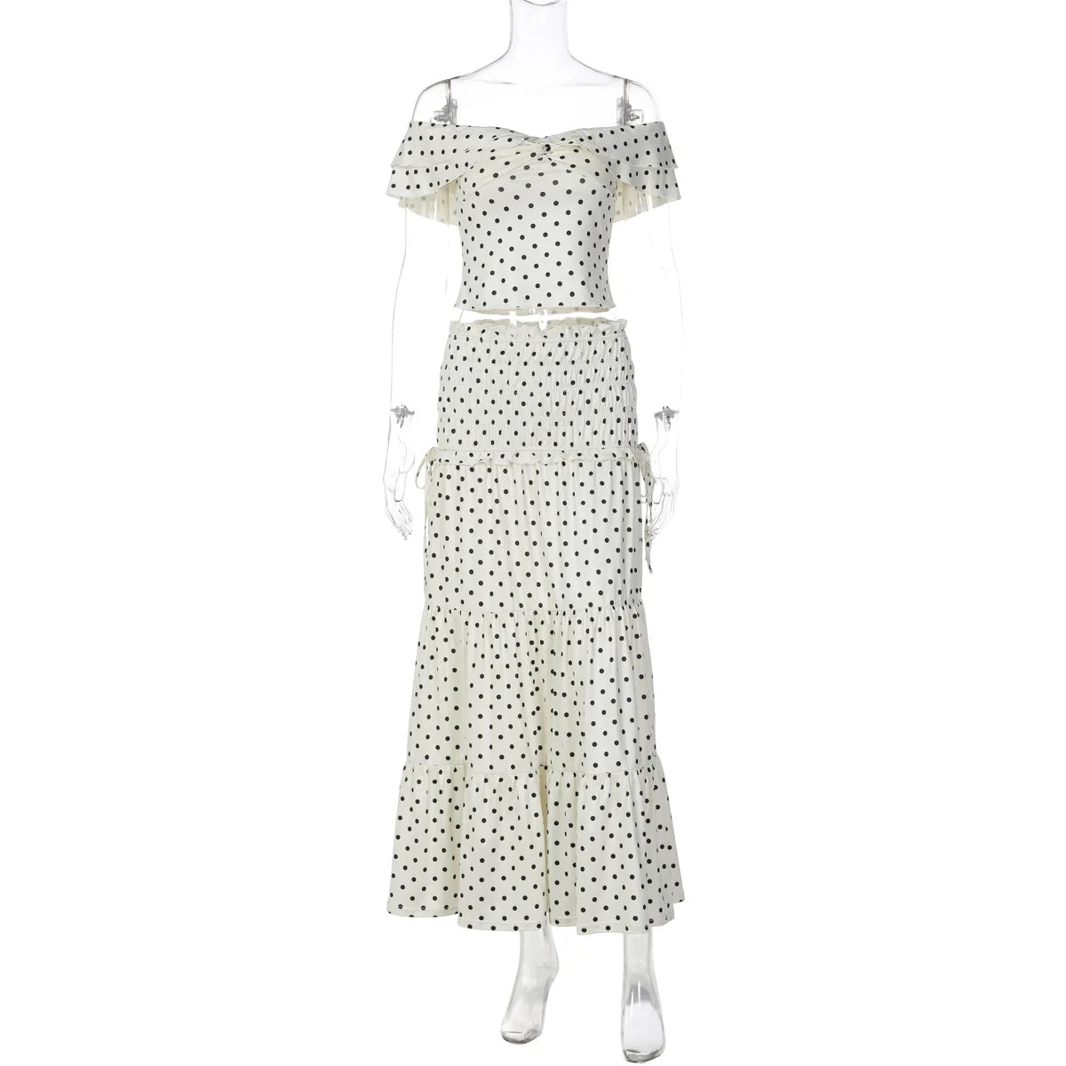FDYOUI Woman Clothing Polka Dot Crop Tops and Lace-up Skirt Two Piece Sets Female Elegant Slash Neck Long Vacation Dresses Suit