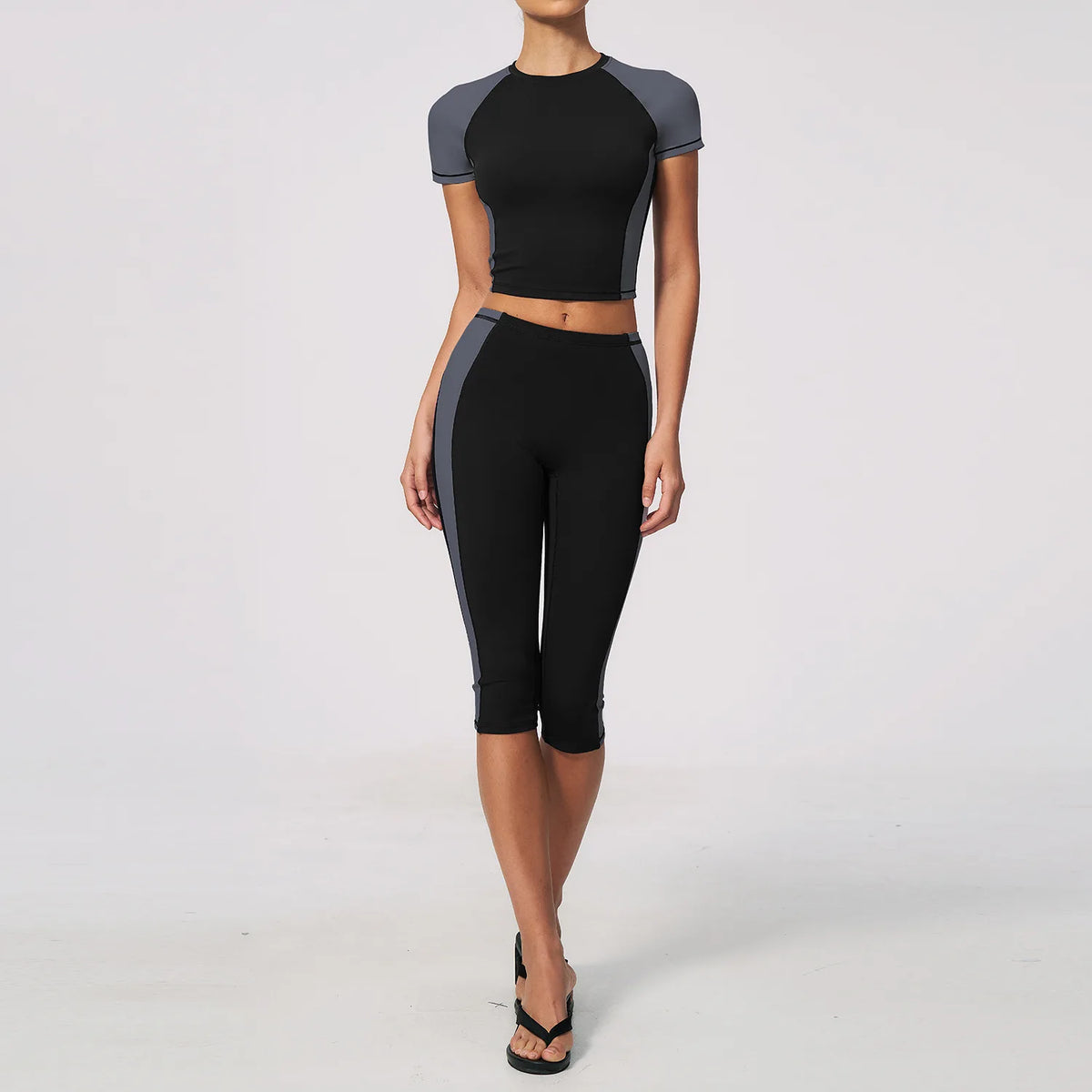 Color Blocking 2PCS Yoga Set Women's Tracksuit Short Sleeve O Neck Sports T Shirts High Waist Cropped Pants Tight Fitness Suits