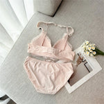 Deep V Halter Neck Bra Set French Style, Lace Push Up Bralette for Small Chest, Sexy Wireless Triangle Bra Set MOYISU Sexy Tushy