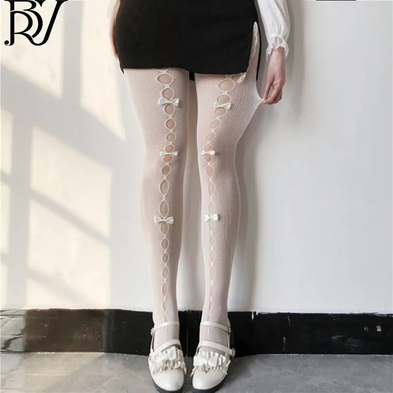 Lolita Bowknot Fishnet Stockings For Women Charming JK Fishnet Stockings White Pantyhose Sexy Hollow Out Pantyhose Elegant SC2U