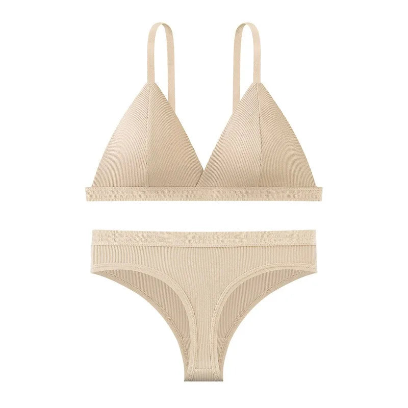 Women Cotton Bra and Panties Set Wireless Push-Up Bra Low-Waist Thongs G-string Sexy Lingerie Women's Breathable Underwear Set
