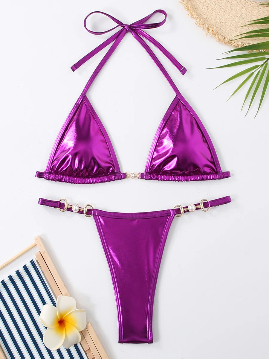 Triangle Thong Bikini 2025 Halter Pearl Link Swimsuit Women Padded Swimwear Female Bathers Bathing Swimming Swim Suit Beachwear