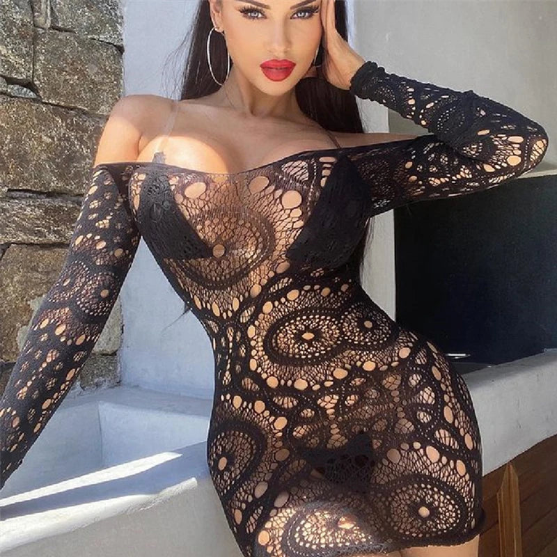 Sexy Lace Babydoll Fishnet Mini Dress Hollow Out Off Shoulders Women's Lingerie Underwear Perspective Nightclub DressesSheath