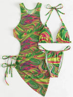 Dress Bikini 2025 Women Sexy High Neck Cut Out Mesh Cover Up Pleate Swimsuit Orange Gradient Bathing Suit Beach 3 Piece Swimwear