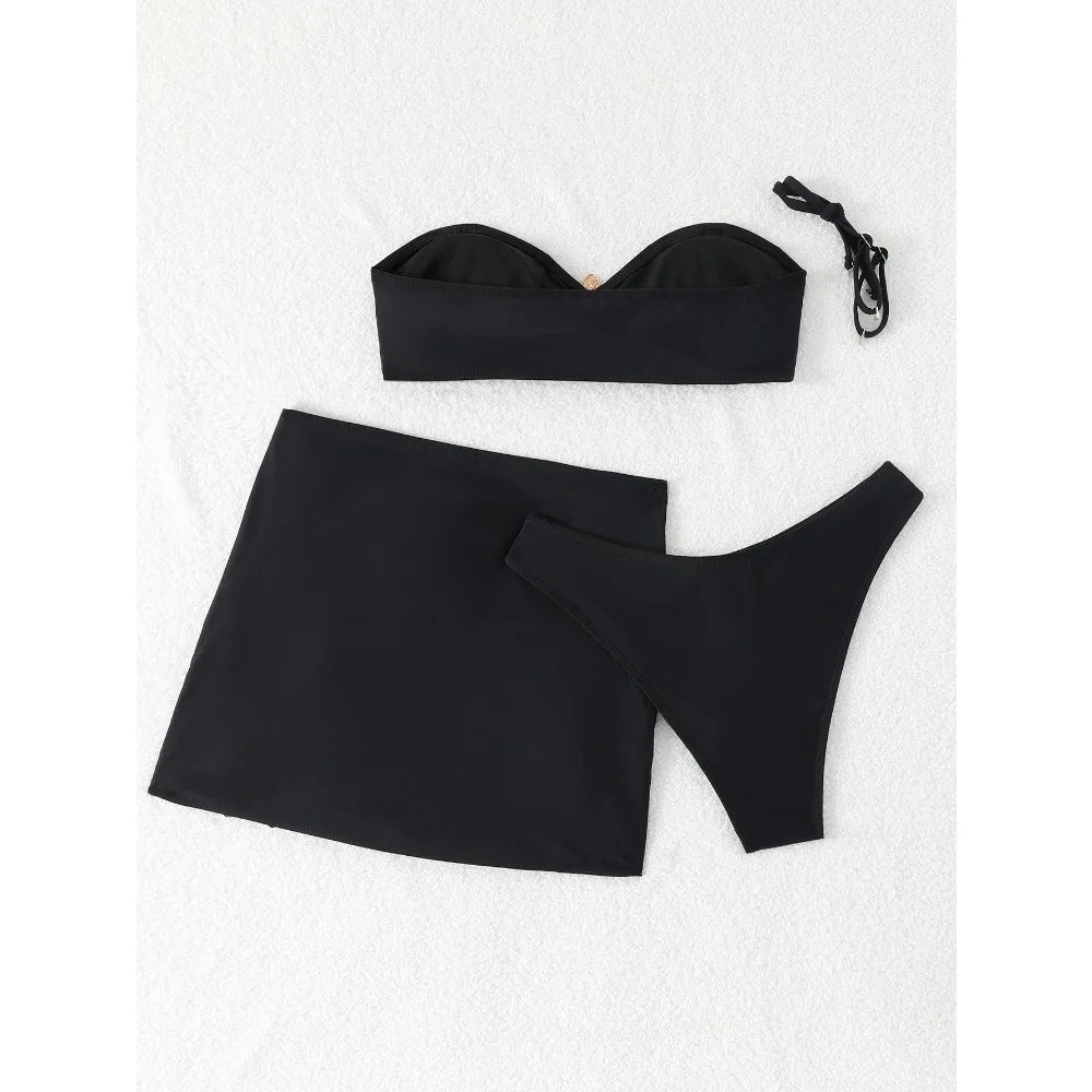 New White 3 Pieces Starfish Bandeau Bikini Set Swimsuit Women Swimwear with Sarong Skirts Dress Beach Wear Cut Out Bathing Suit