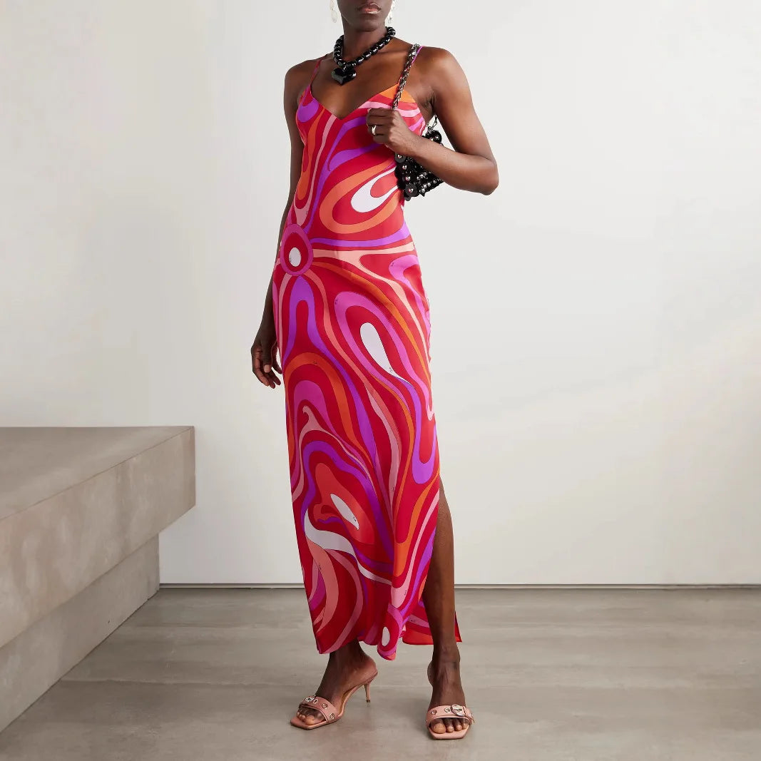 Vestidos Para Mujer Bohemian Vacation Dress Casual Sleeveless Strap High Waisted Party Dress Side Split Slim Women Robe Dresses