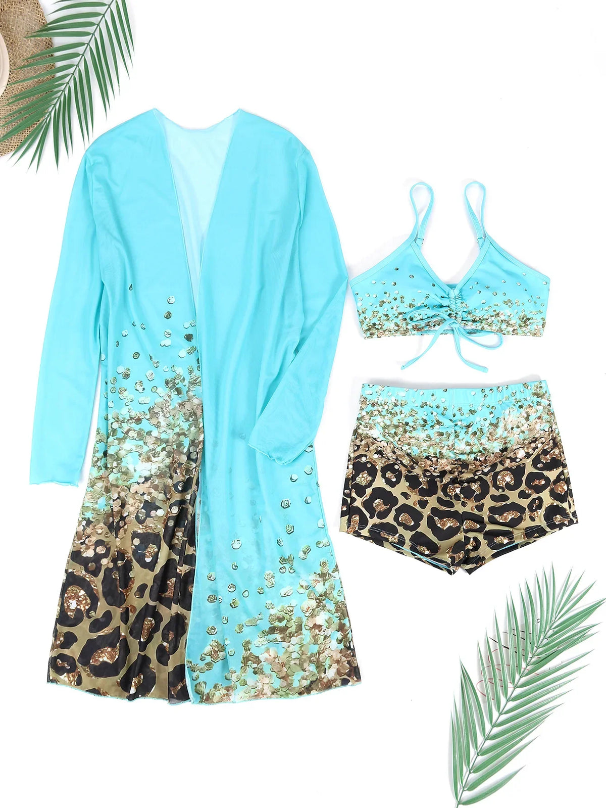Women Bathing SuitPrint Leopard Bikinis 3 Pieces Swimsuit Kimono High Waist Bikini Shorts Long Sleeve Beach Cover Up Swimwear