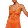 Vibrant Orange Lace Netting Sleep Skirt Set - French Deep V Straps Transparent Sexy Sleep Pantie Two-Piece Set ZA825096