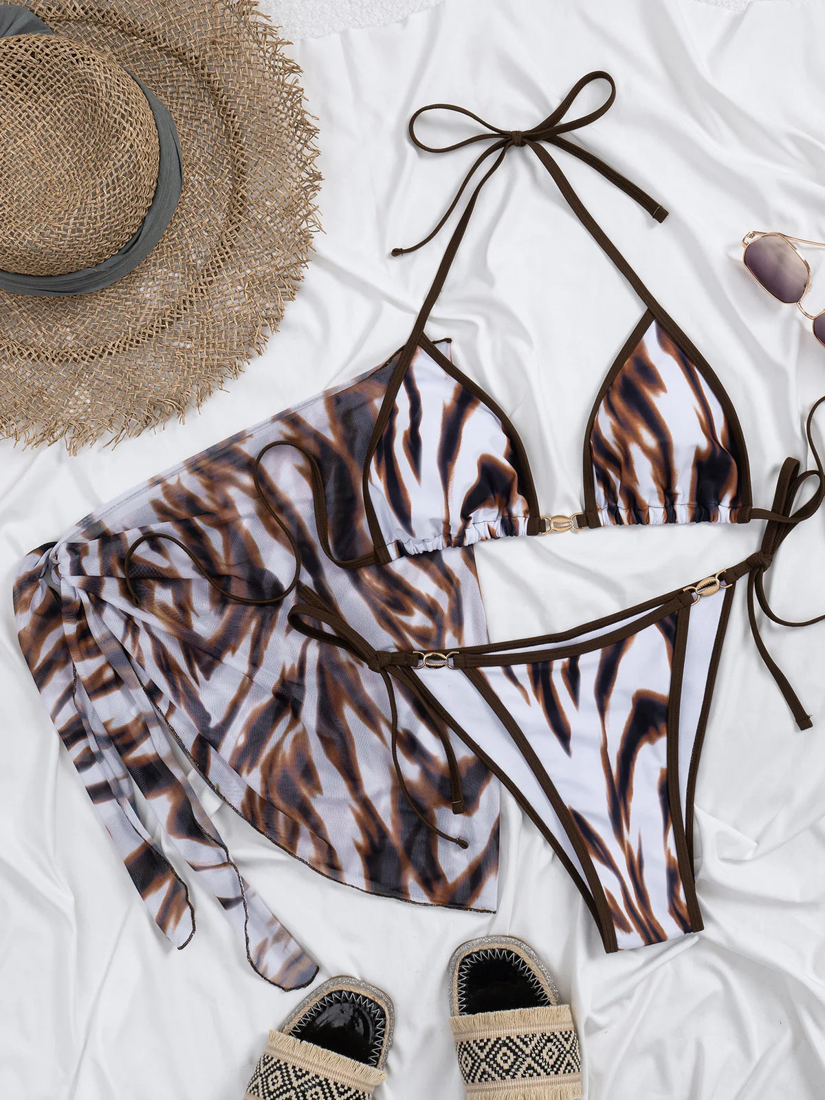 Sexy Coffee Tie Dye Bikini Set 2026 Women Metal Chain Push Up Thong Swimwear Bathing Suit Holiday Cover Up 3 Piece Swimsuit
