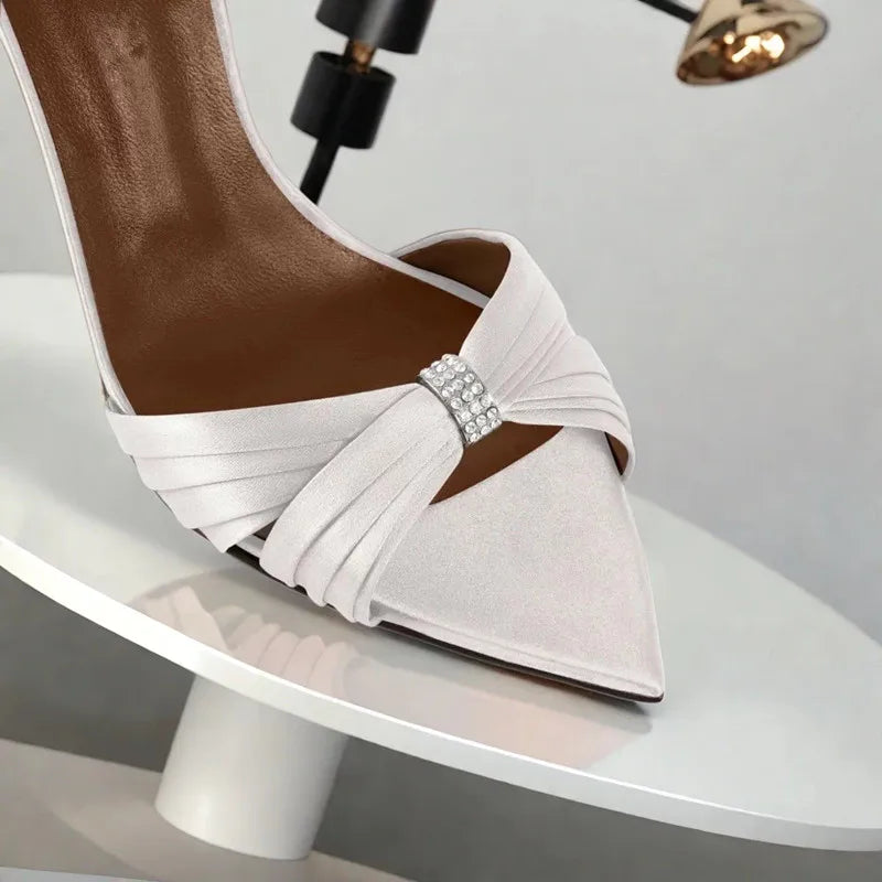 Women Satin Twisted Strap Mule Sandals Square Toe Stiletto High Heels Elegant Slip On Wedding Evening Dress Heeled Slippers
