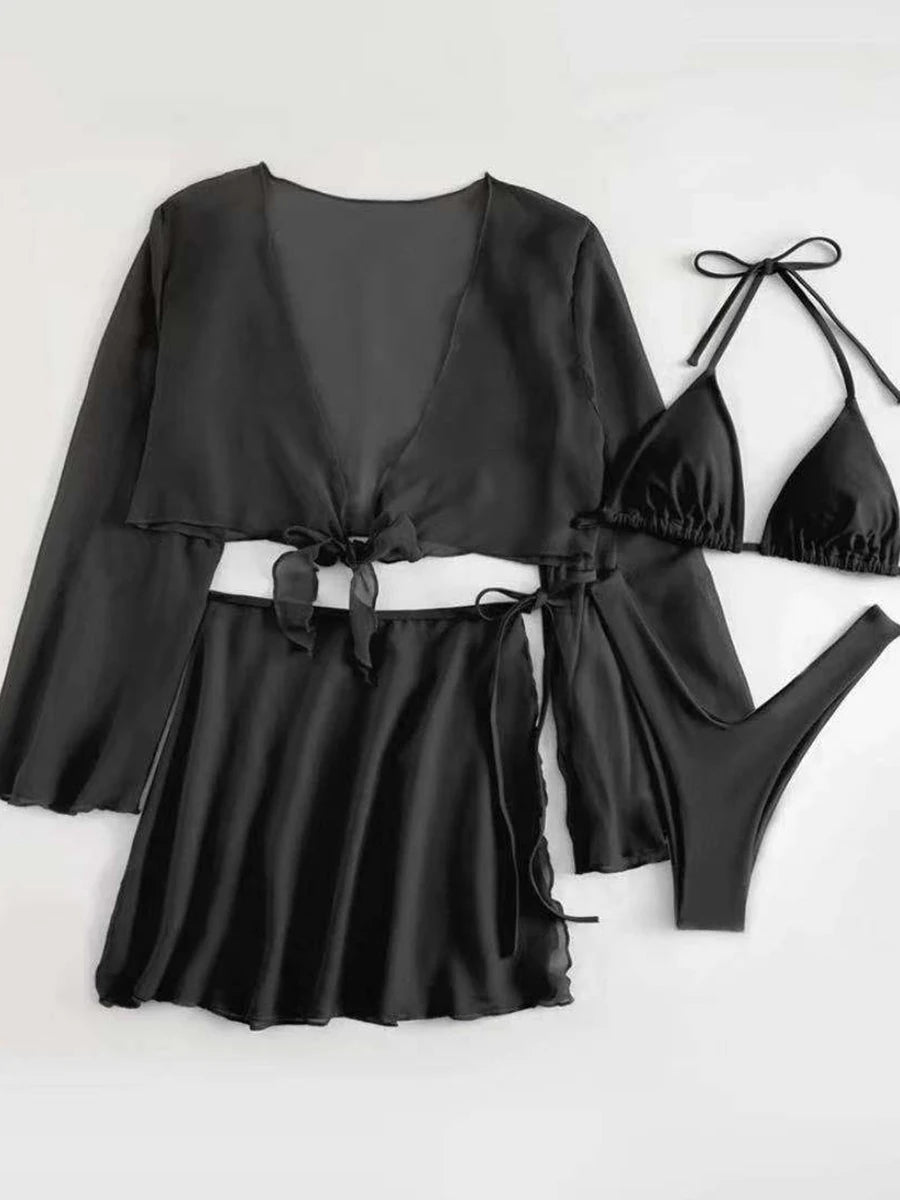 4 Pieces Thong Bikini 2026 Women With Top and Dress Black Swimwear Female Halter Swimsuit Beachwear Bathing Swimming Suit Summer