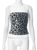 Sexy Chic Leopard Printed Corset Tops Women's Fashion Skinny Zip-up Sequins Crop Tops Strapless Night Club Outfit Streetwear