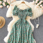 2025 Summer French Vintage Floral Dress Fashion Elegant High-Waisted Drawstring Vestidos Printed Fresh And Sweet Long Dresses