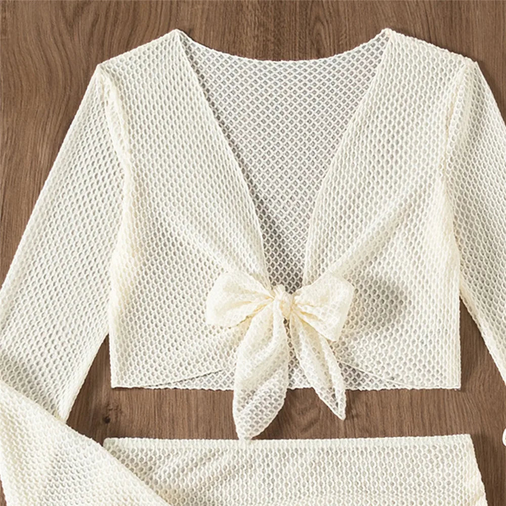 Beige Mesh Halter String Triangle Micro Thong Bikinis Sets 4 Pieces Long Sleeve Cover Ups Sexy Swimsuit Women Holiday Swimwear