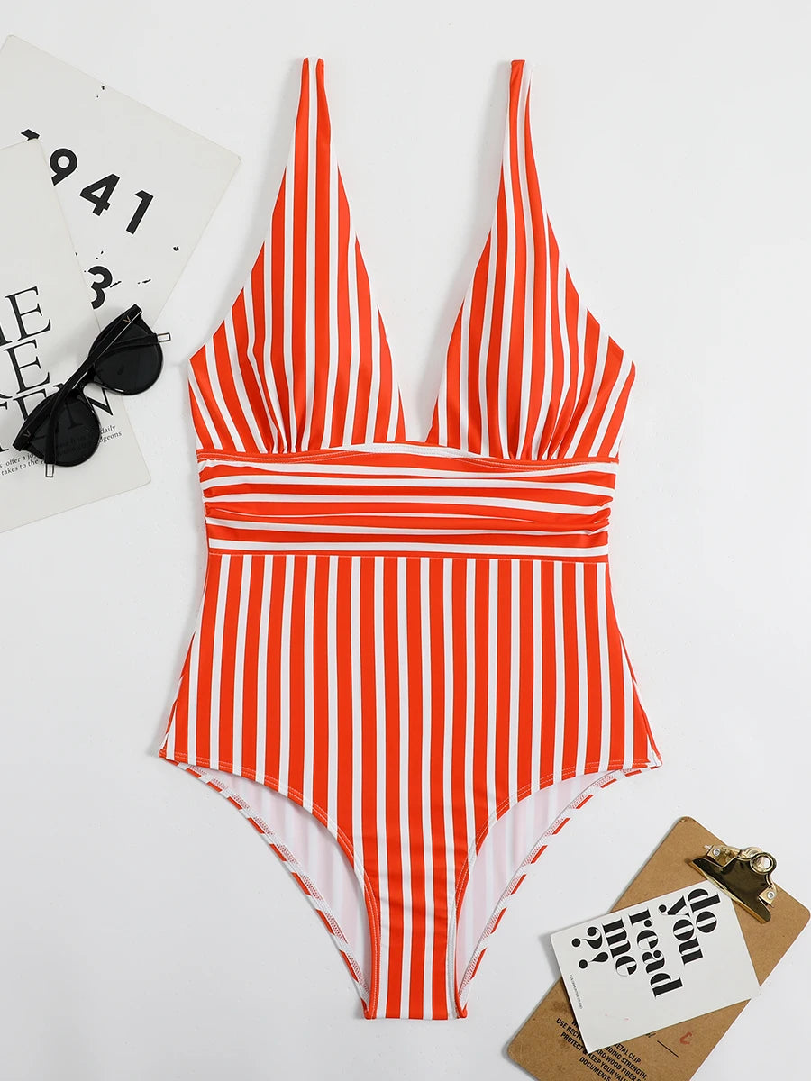 2026 Striped One Piece Swimsuit Vintage Swimwear Women V-neck Bathing Swimming Suit Female Summer Beachwear Bodysuit
