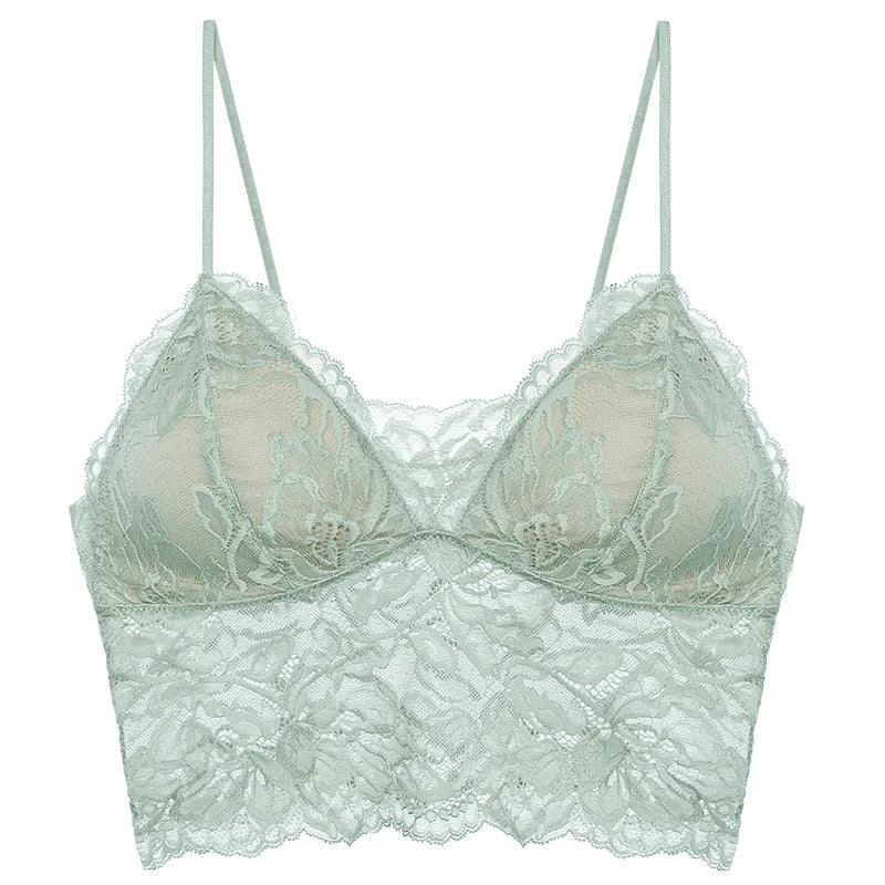 French Backless Bralette Sheer Lace Wireless Halter Top No Underwire Anti Nipple Show Comfort Bra & Tushy Set CA MOYISU Sexy Bra