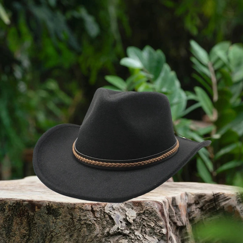 Women Men Retro Felt Jazz Hats Classic Cowboy Hats Wide Brim Cowgirl Sun Hats with Decorative Band
