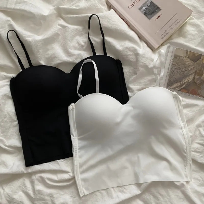 Women Tops With Built In Bra Ice Silk Tube Top Seamless Bra Femal Comfort Underwear Wirefree Padded Brassiere Sexy Crop Top
