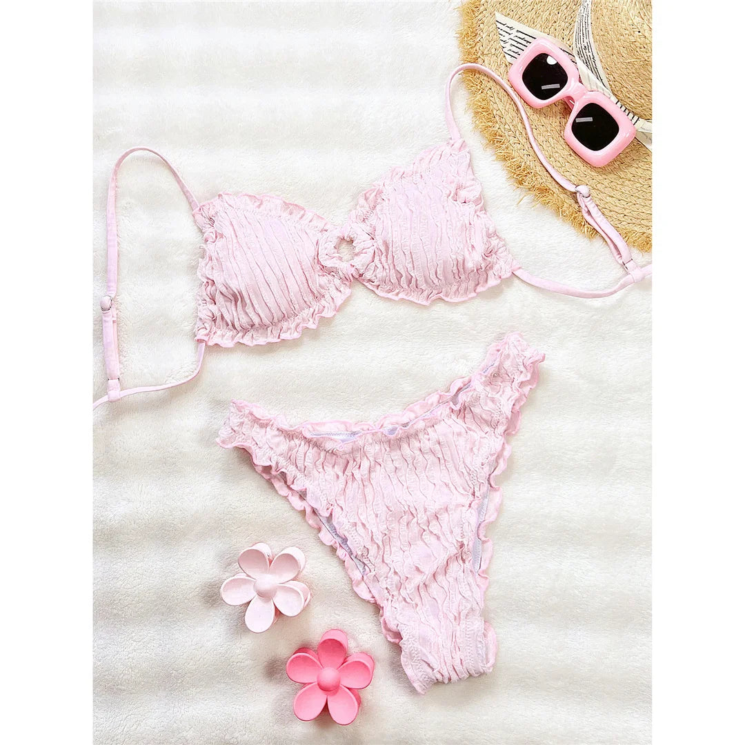 Wrinkled Crinkled Frilled Bikini Female Swimsuit Women Swimwear Two-pieces Bikini set Brazilian Bather Bathing Suit Swim V8053