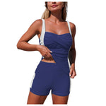 Women's Two Piece Swimsuit With Pocket Color Blocked Sporty Tankini High Waist Ruched Bathing Swimming Suit Summer Beachwear