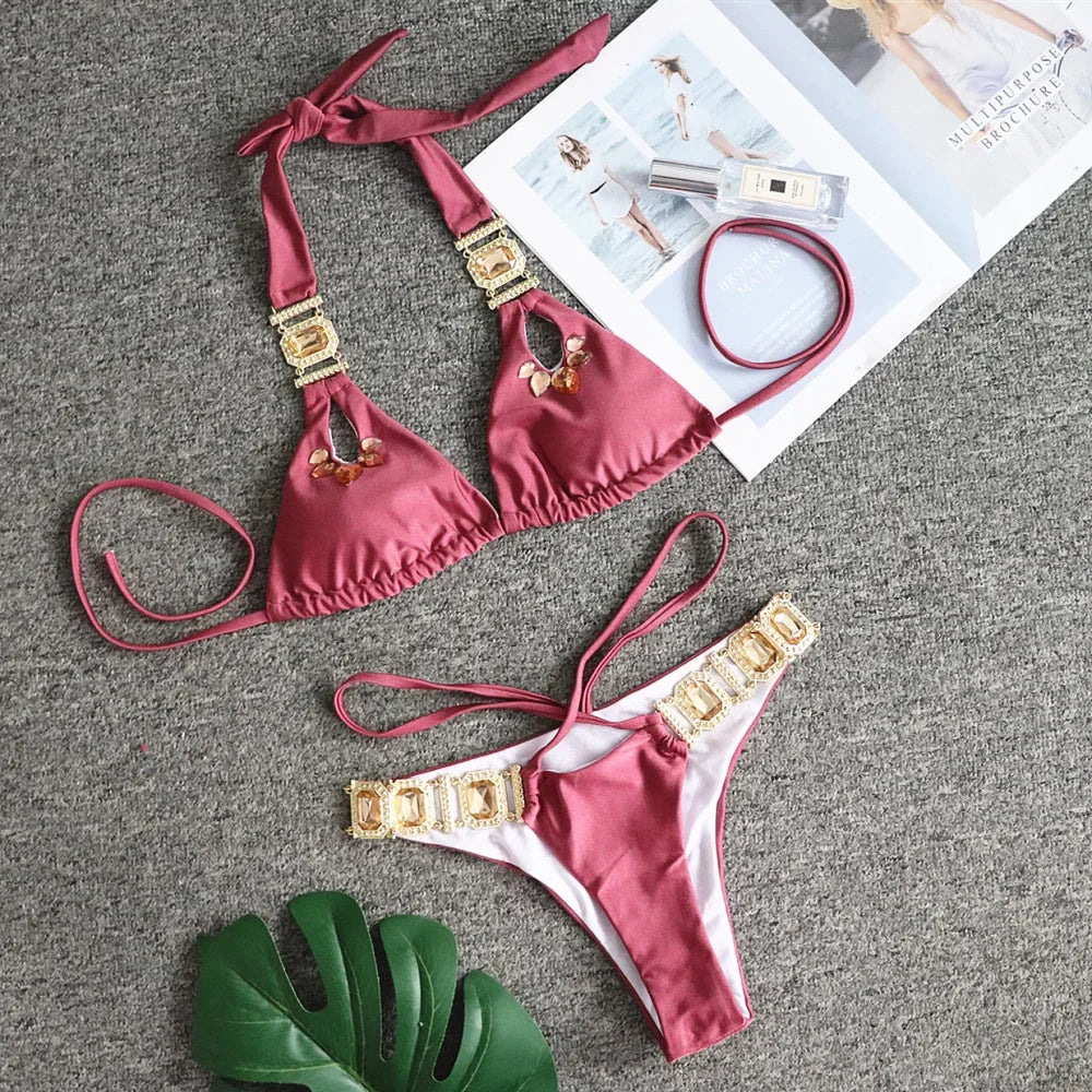Sexy Rhinestones Thong Bikini Women Green Push Up Glitter Diamond Band 3 Piece Swimsuit Chain Metal Bathing Suit Luxury Swimwear