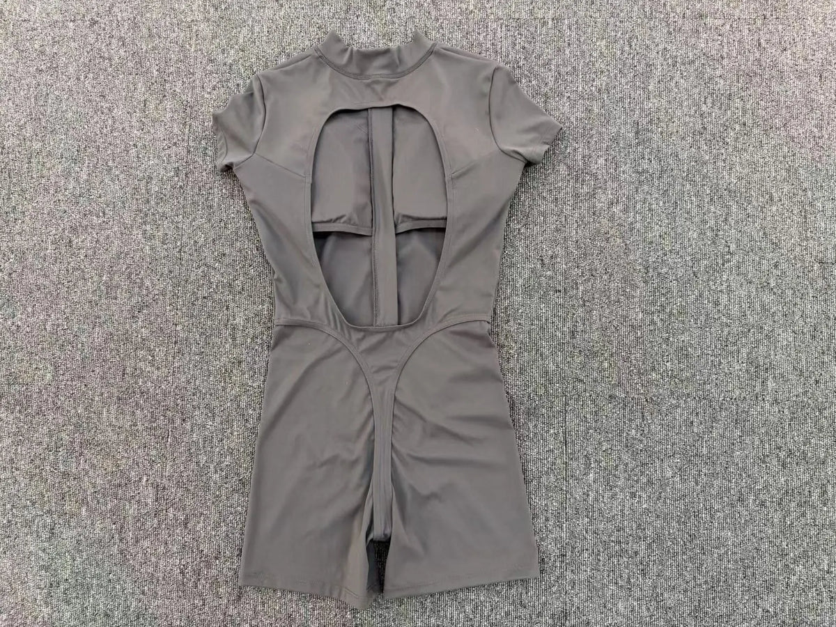 Half-zipper Slimming Yoga Jumpsuit Women Hollow Out Backless Sports One Piece Suits Short Sleeve Butt Lifting Tight Overalls