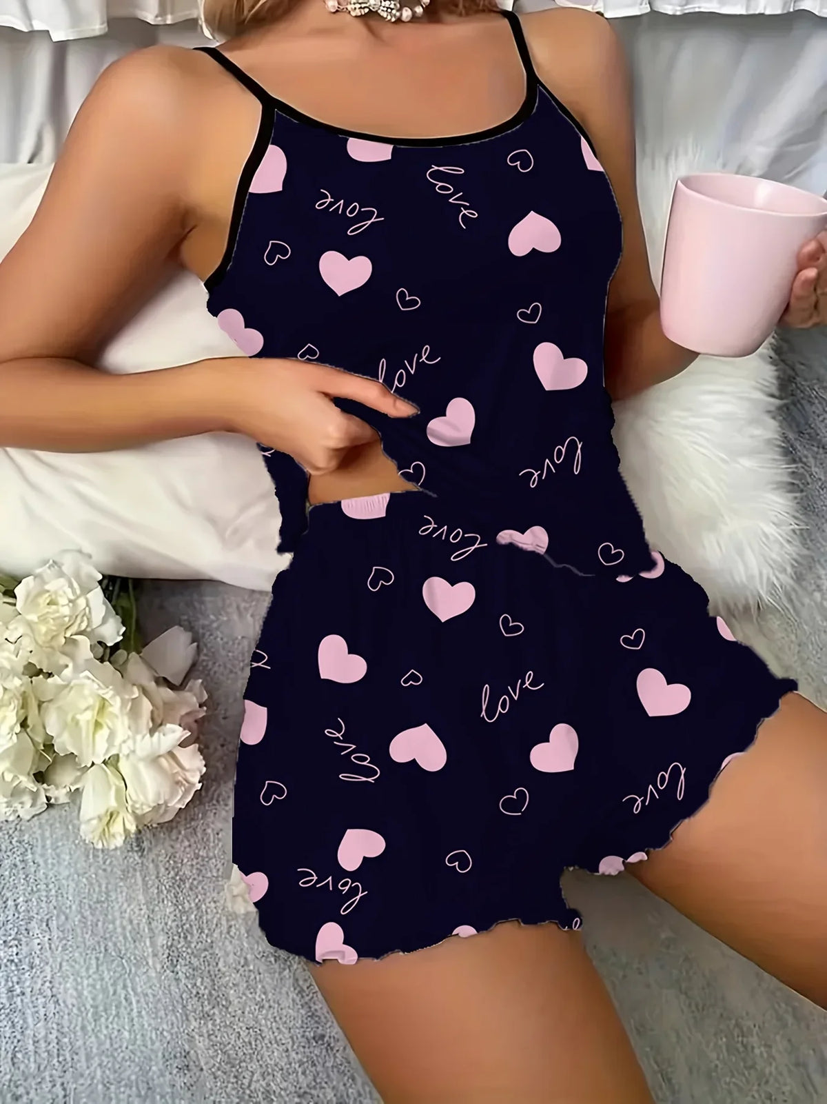 Bow Heart Print Pajamas Set for Women's Sleepwear Backless Crop Top and Shorts, Comfortable Loose Fit Summer Loungewear