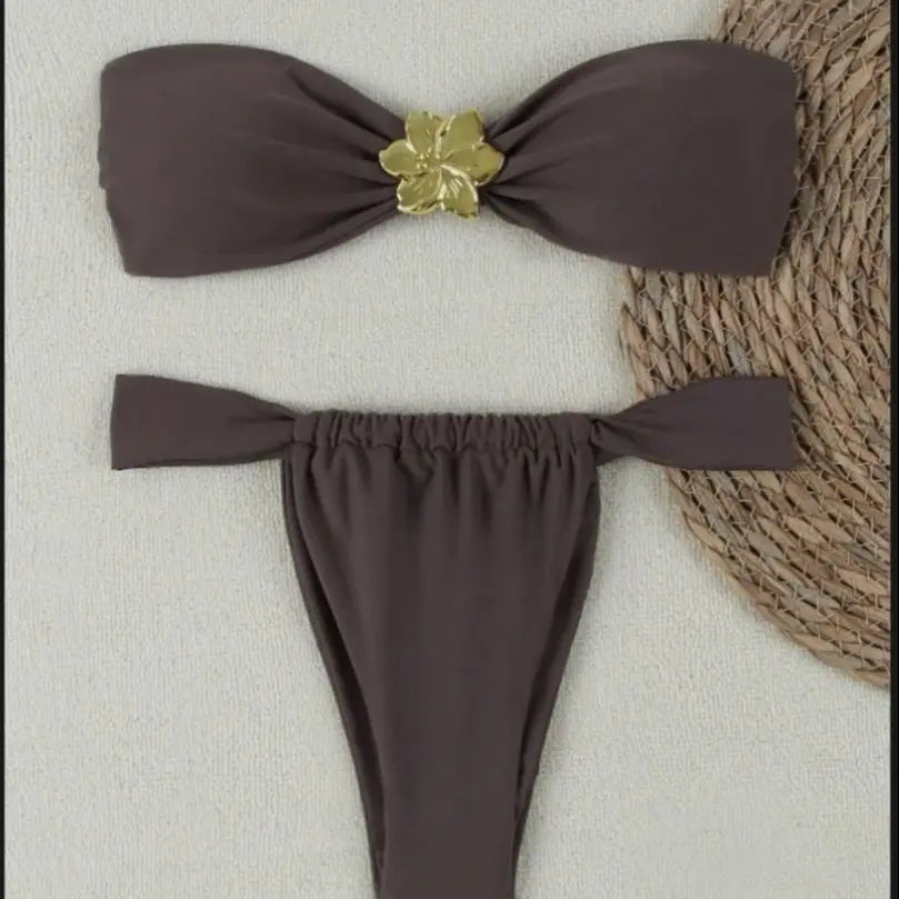 DEKA Tube Top Bikini Set Split Solid Color Swimwear Halter Neck Metal Accessories Swimsuit