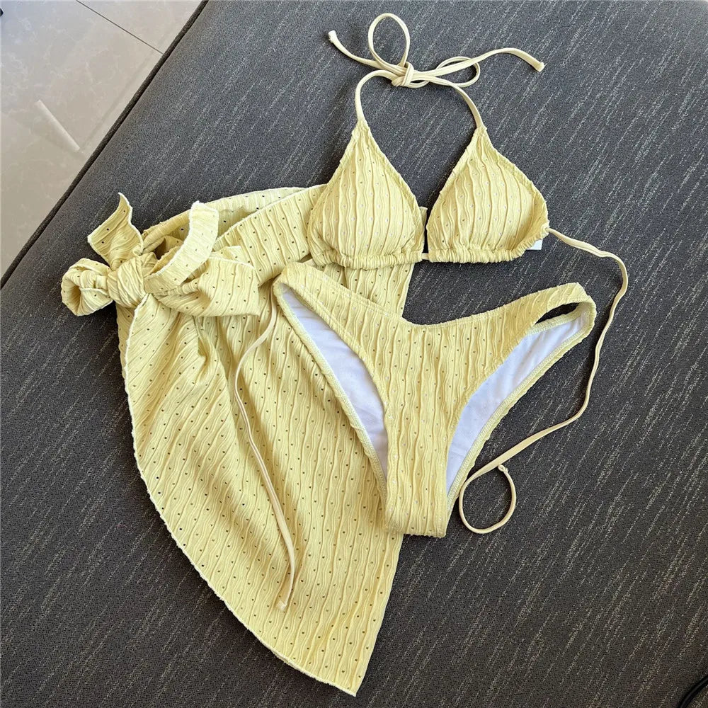 Three Piece Bikinis Sets 2026 String Halter Swimwear with Cover Up Sexy Swimsuit Women Beachwear Bathing Suit Black Mini Bikini