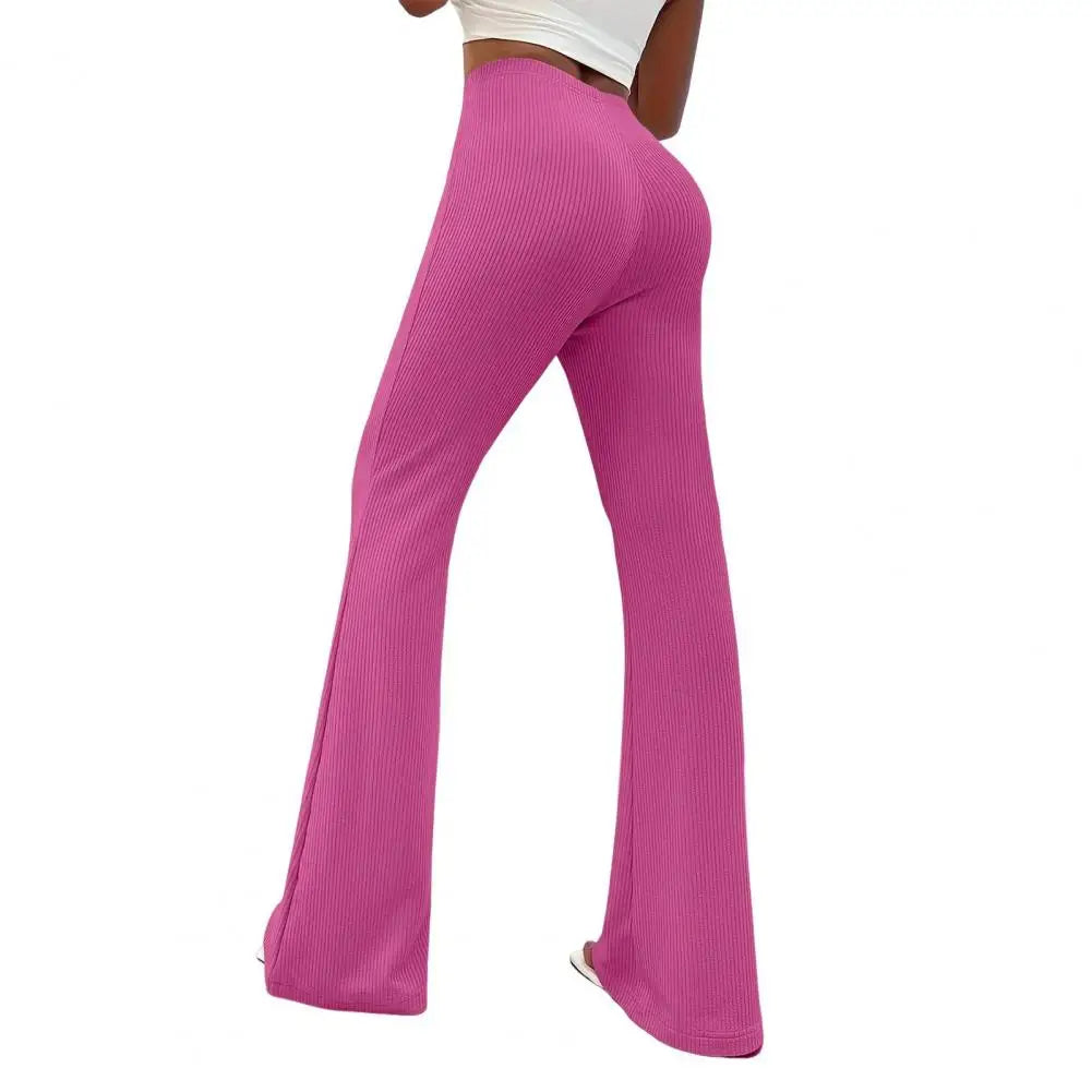 Women Flared Pants Yoga Running Cycling Trousers Elastic High Waist Solid Color Long Pants Ribbed Texture