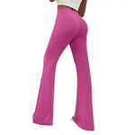 Women Flared Pants Yoga Running Cycling Trousers Elastic High Waist Solid Color Long Pants Ribbed Texture