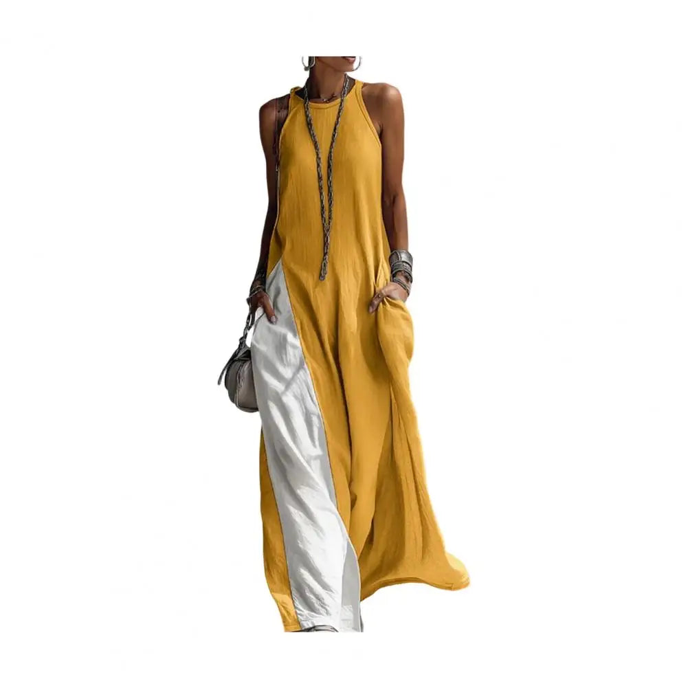 Summer Casual Beach Sundress with Pockets Women's Flowy Long Tank Top Side Split Crew Neck Sleeveless Maxi Dress