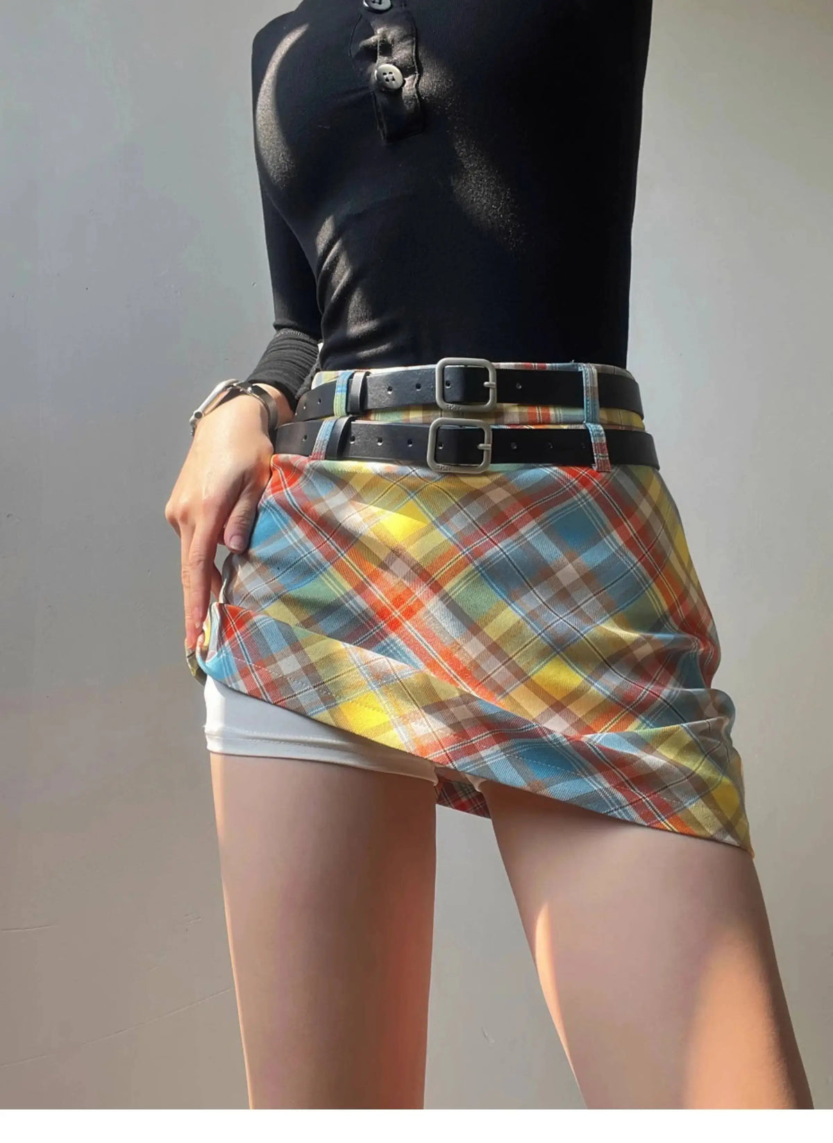 Plaid Double Waistband A-line Short SkirtWomen American Style Street High Waist Casual Collision Color Wrap Hip Skirt OJR7