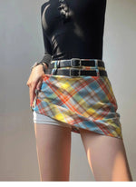 Plaid Double Waistband A-line Short SkirtWomen American Style Street High Waist Casual Collision Color Wrap Hip Skirt OJR7