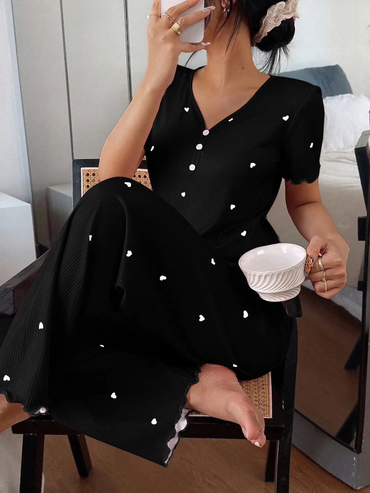Autumn Winter Women's Sleepwear Short-Sleeve Tops and Ribbed Trousers Pajamas Set Casual Homewear Loungewear
