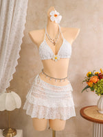 Vintage White Floral Embroidery Bikini Set 2026 Women 3D Flower Push Up Bra Pleate Skirt 3 Piece Swimsuit Bathing Suit Swimwear