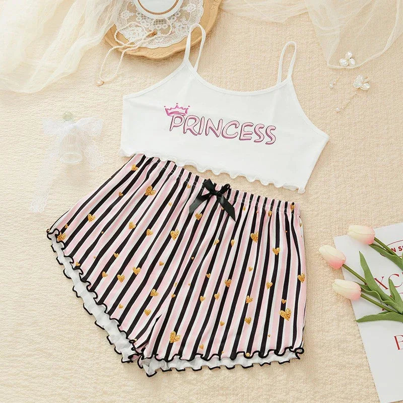 Summer Casual Pajamas Set for Women Sleepwear Sexy Lingerie Sleeveless Striped Tank Top Vest + Shorts Set Pijamas Homewear